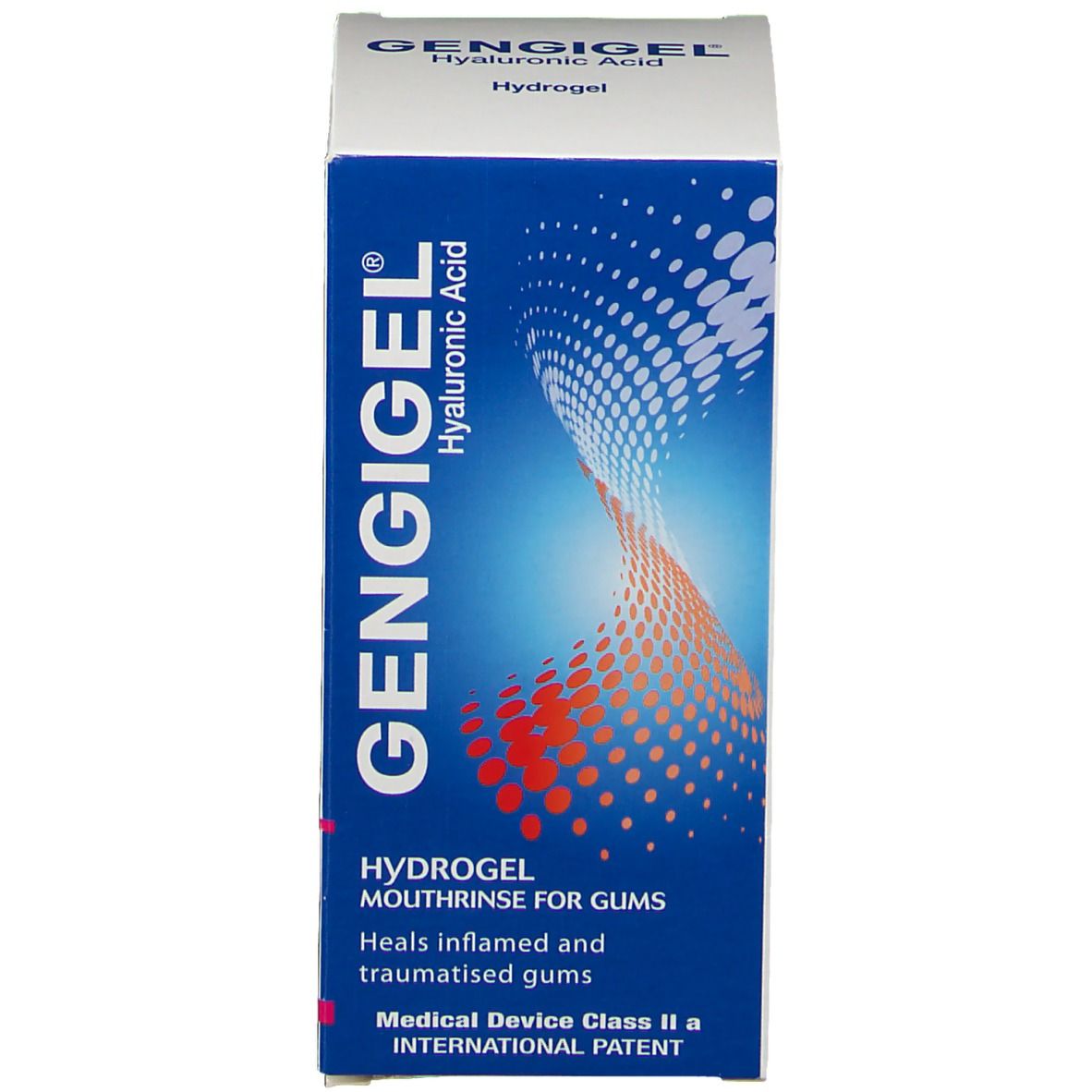 Produktverpackung. Aufschrift: GENGIGEL, Hydrogel, Mundspülung für das Zahnfleisch. Medizinprodukt.