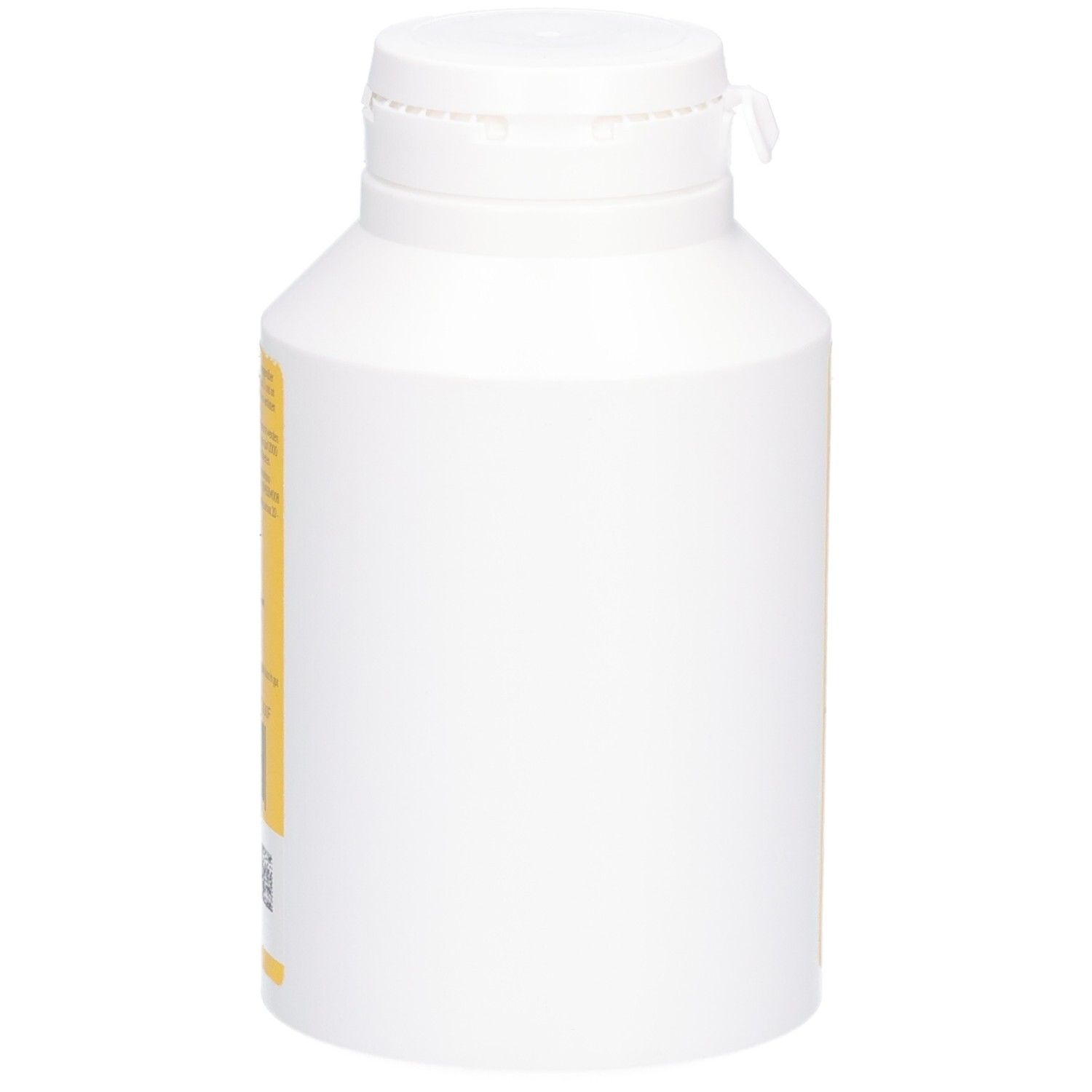 Weiße Kunststoffdose mit Schraubverschluss. Seitenansicht, ohne Etikettendetails sichtbar.