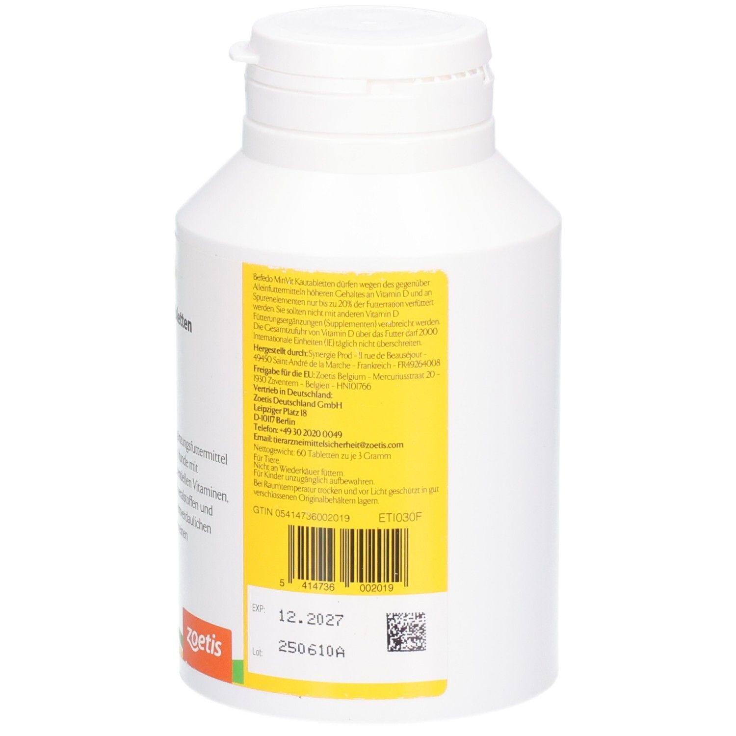 Weiße Kunststoffdose mit Schraubverschluss. Gelbes Etikett mit Text, Barcode und Verfallsdatum.