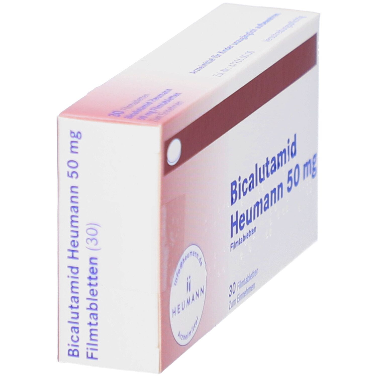 Schachtel Bicalutamid Heumann 50 mg Filmtabletten. 30 Tabletten. Heumann-Logo. Rote und weiße Farbgebung. Schräge Ansicht.