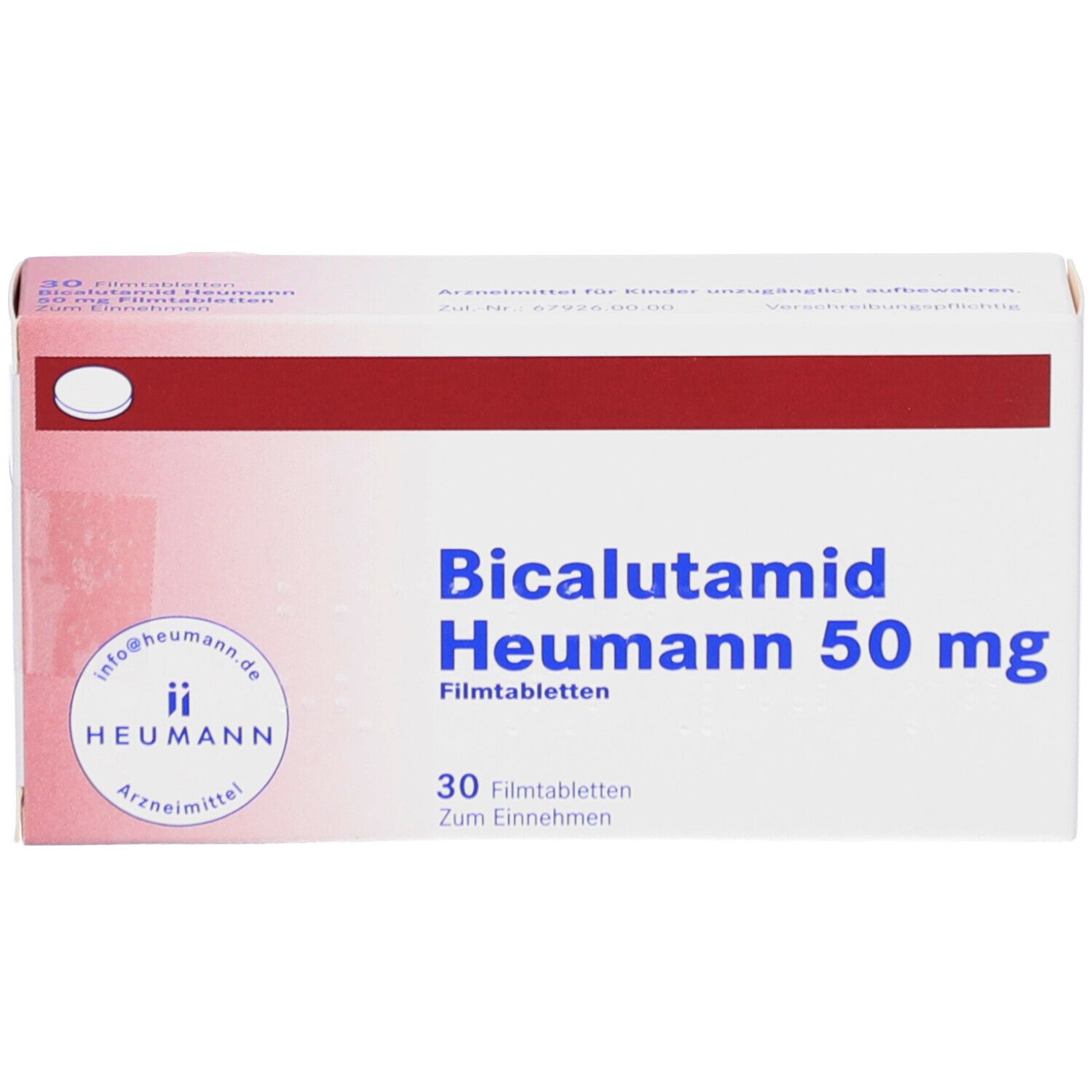 Schachtel mit Bicalutamid Heumann 50 mg Filmtabletten. 30 Tabletten. Heumann-Logo. Rote und weiße Farbgebung.