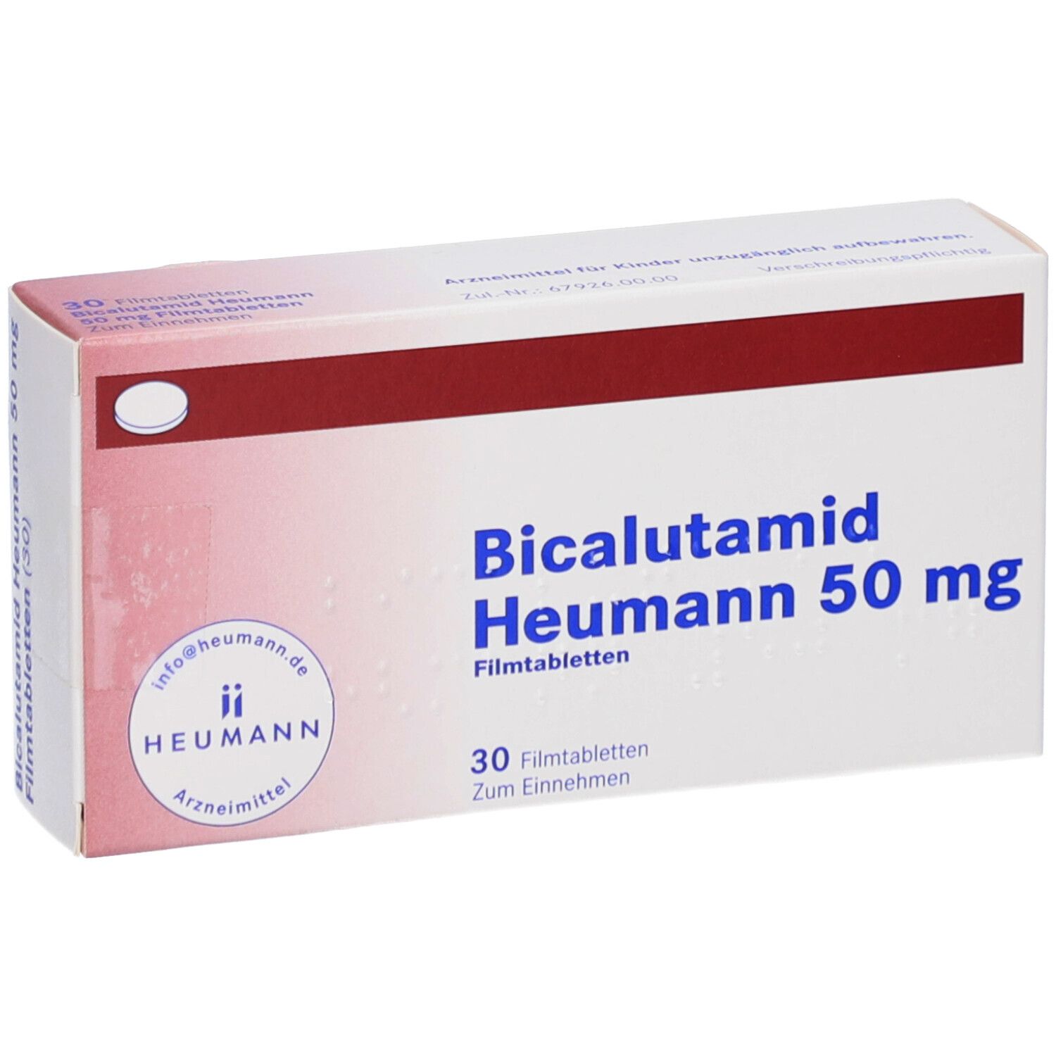Schachtel mit Bicalutamid Heumann 50 mg Filmtabletten. 30 Tabletten. Heumann-Logo. Rote und weiße Farbgebung.