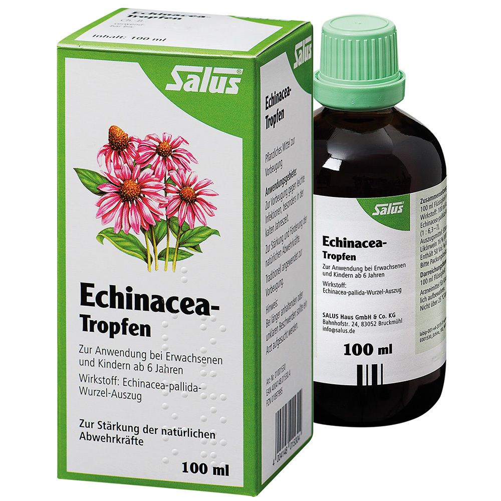 Salus® Echinacea Tropfen Flasche und Verpackung. Grüne Kappe, braune Flüssigkeit. Verpackung mit Produktname und Illustration.