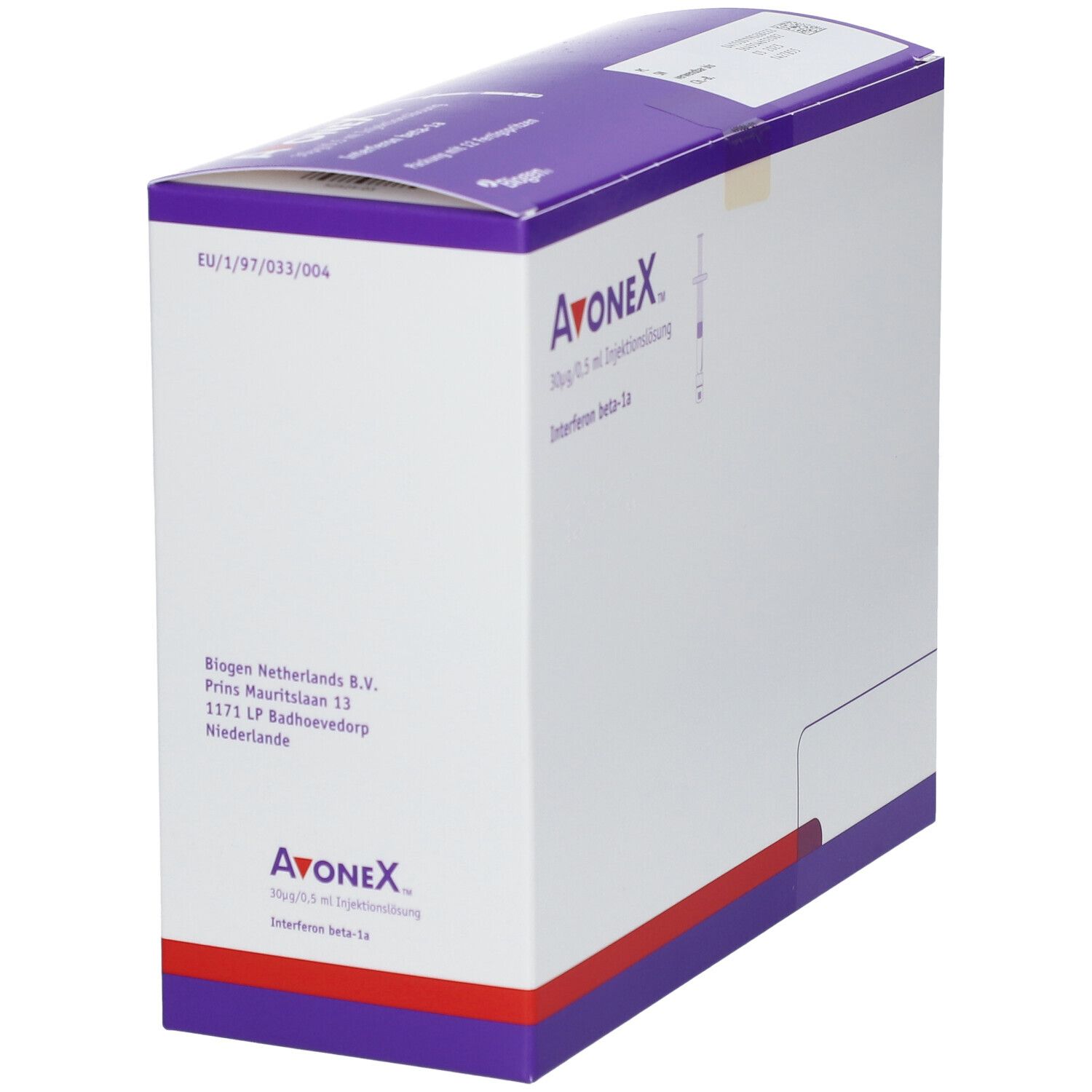 Avonex Packung mit 12 Fertigspritzen. Enthält Interferon beta-1a. Biogen Netherlands B.V.
