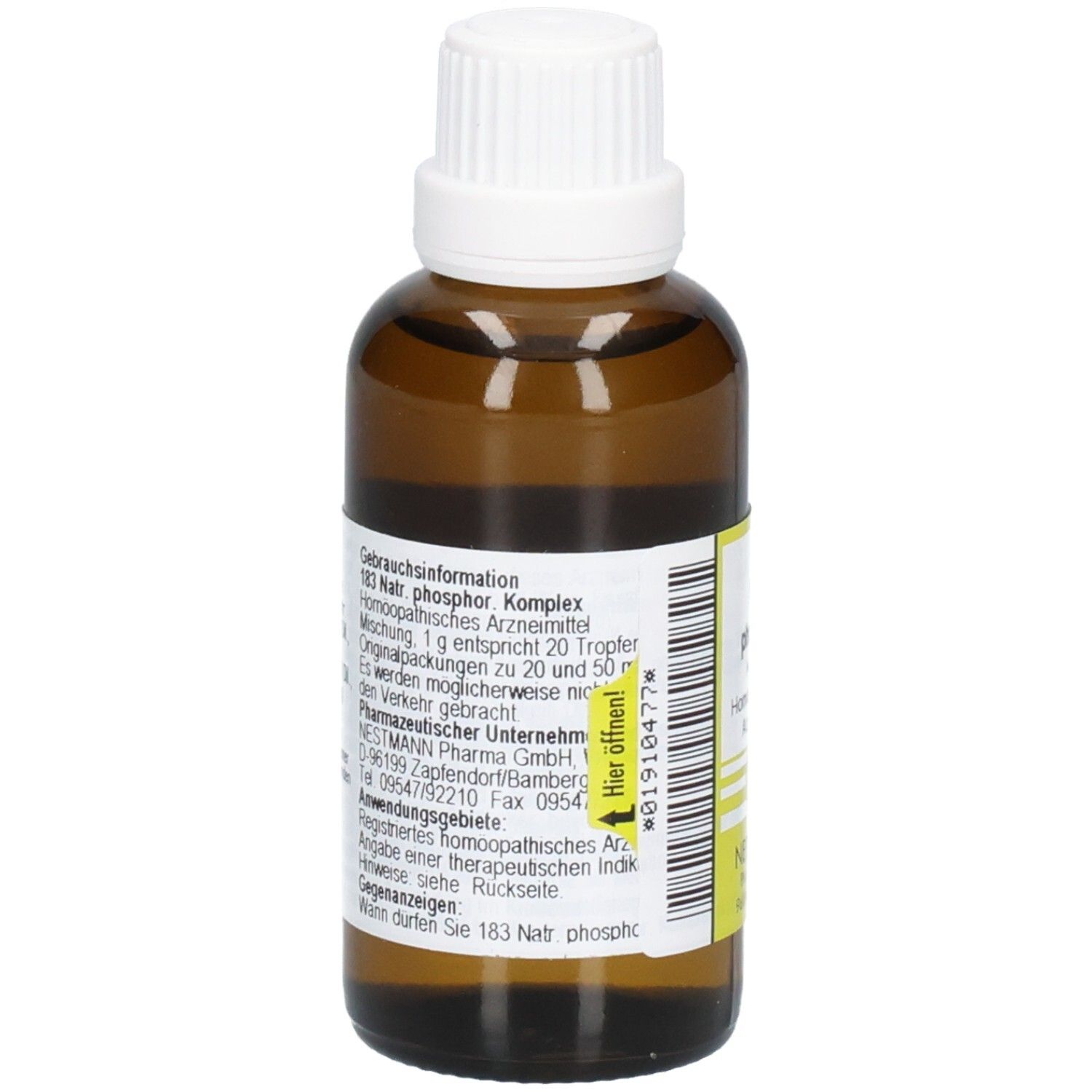 Rückseite der Flasche mit detaillierten Anwendungsinformationen und Herstellerangaben.