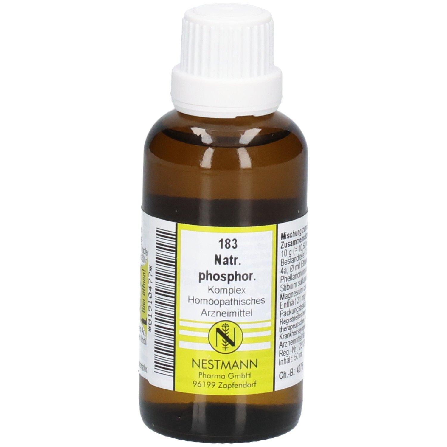Flaschenetikett mit Produktbezeichnung 'Natr. phosph. Komplex' und Herstellerangaben.