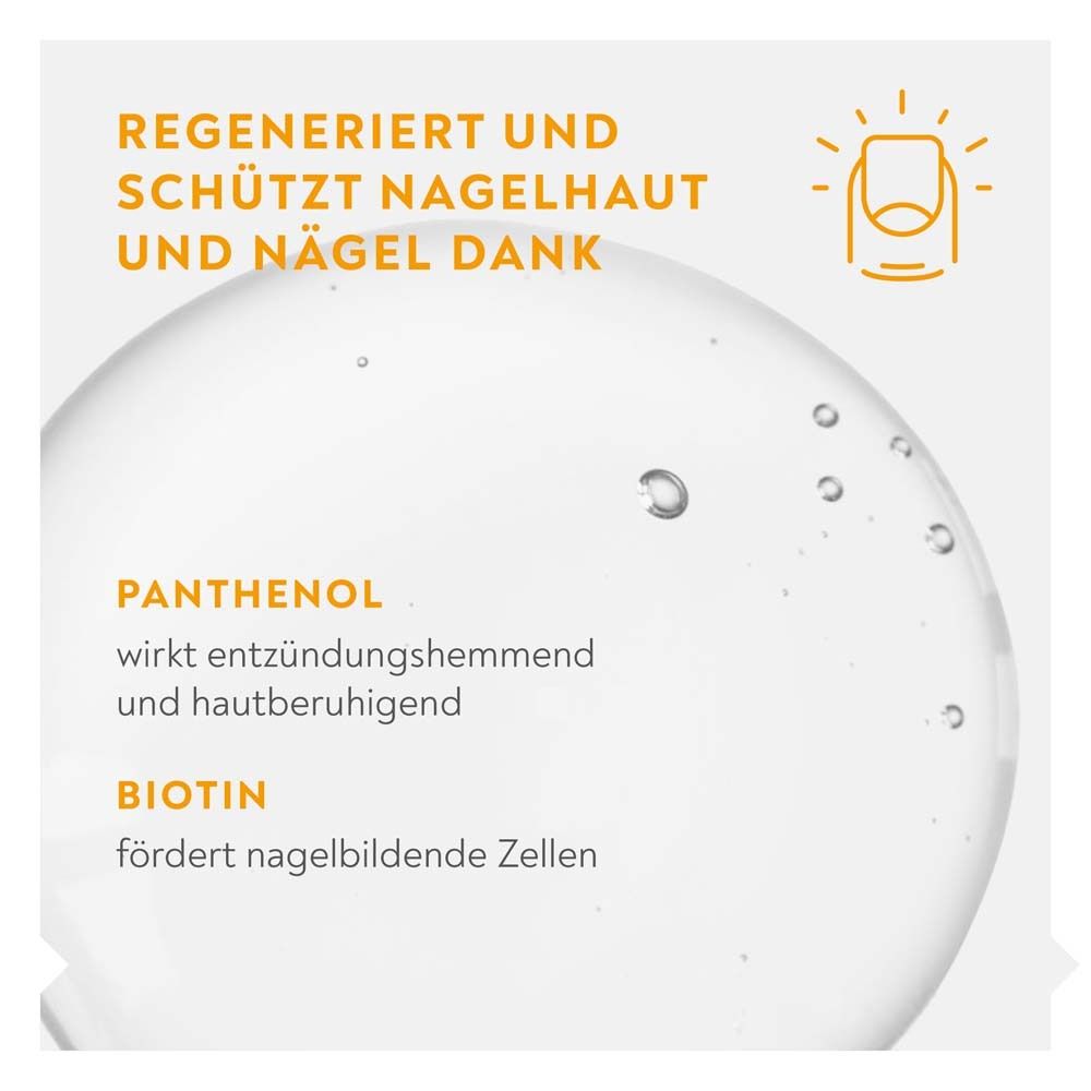 Text: Regeneriert und schützt Nagelhaut und Nägel dank Panthenol und Biotin. Panthenol wirkt entzündungshemmend. Biotin fördert Zellen.