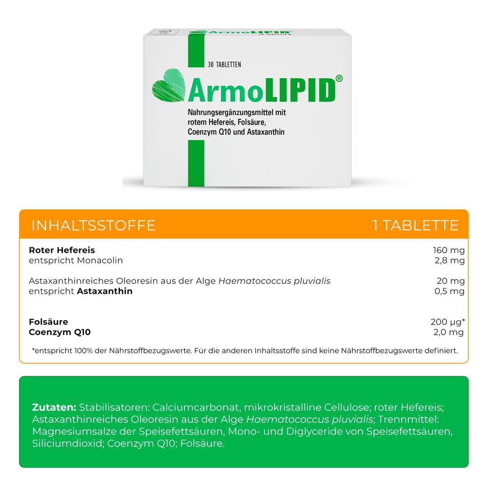 Produktverpackung und Inhaltsstofftabelle. Text: Roter Hefereis, Astaxanthin, Folsäure, Coenzym Q10.