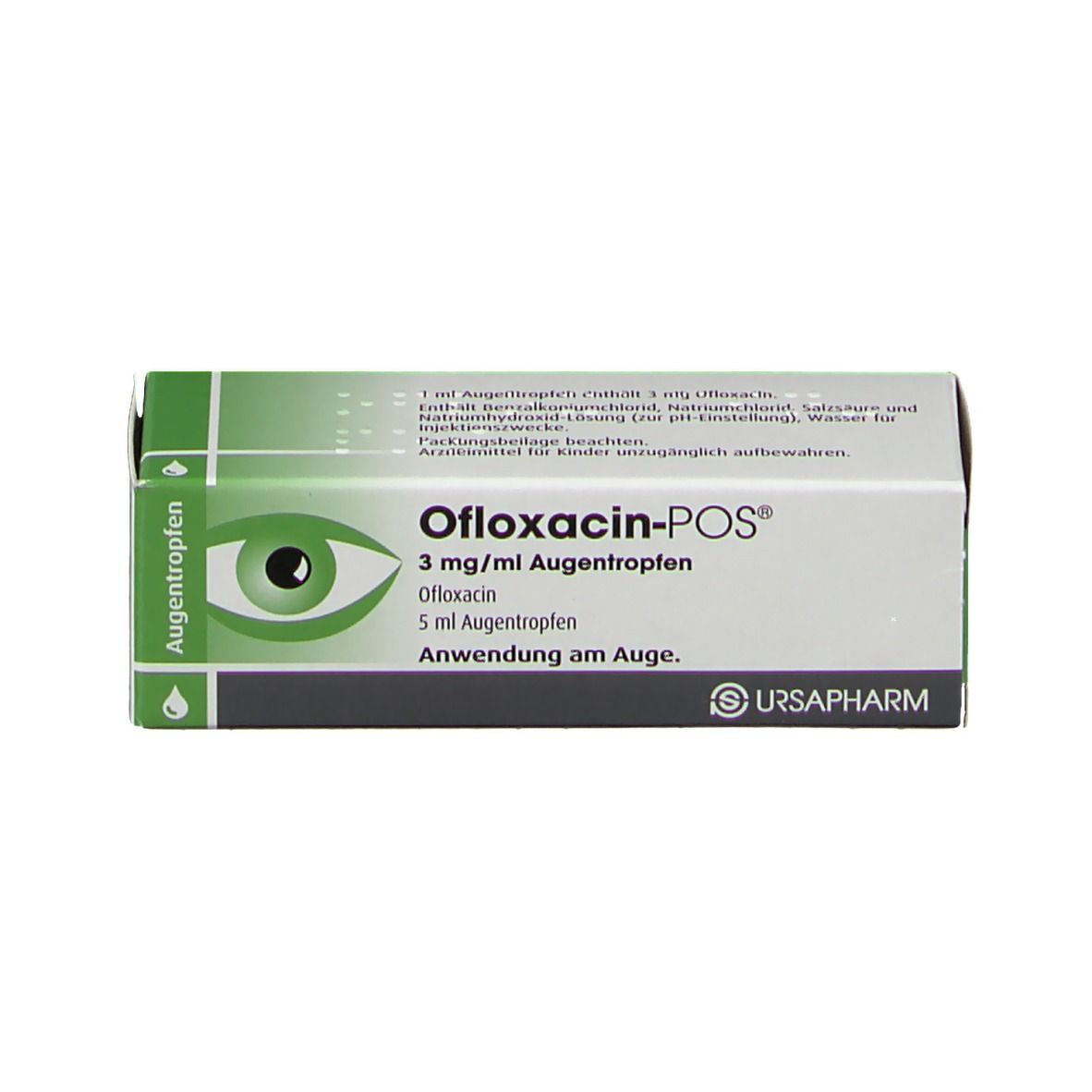 Schachtel. Beschriftung: Ofloxacin-POS® 3 mg/ml Augentropfen. URSApharm.