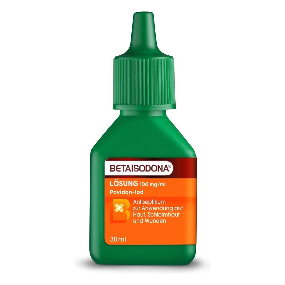 Grüne Flasche mit 30 ml Betaisodona Lösung.