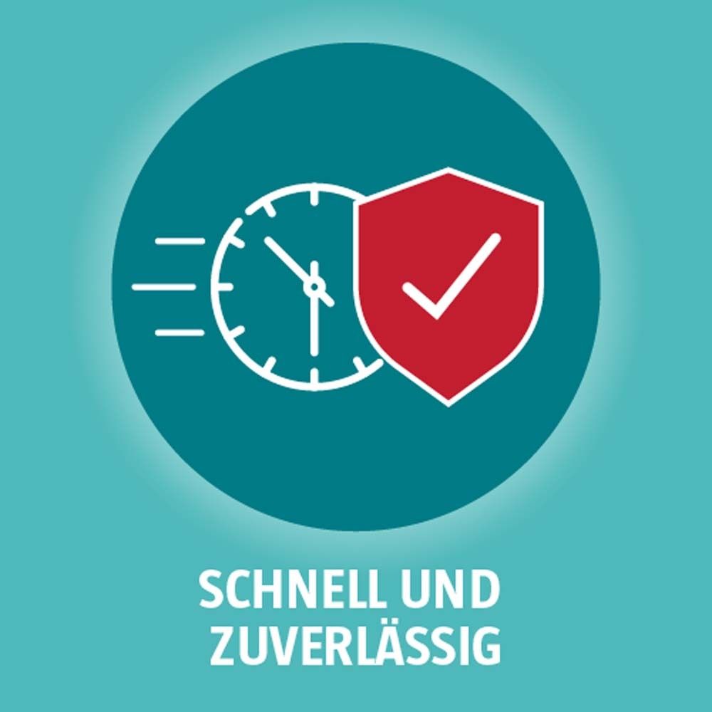 Rundes Icon mit Uhr und Schild mit Haken. Text: Schnell und zuverlässig.