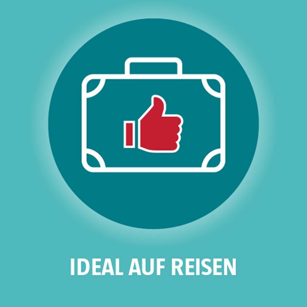 Rundes Icon mit Koffer und Daumen hoch. Text: Ideal auf Reisen.