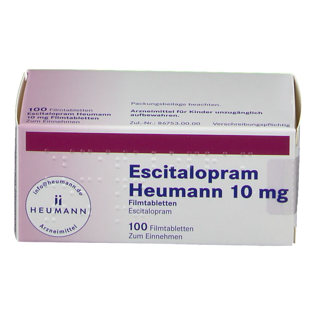 Schachtel Escitalopram Heumann 10 mg Filmtabletten. 100 Tabletten. Lila und weiße Verpackung mit Produktinformationen.