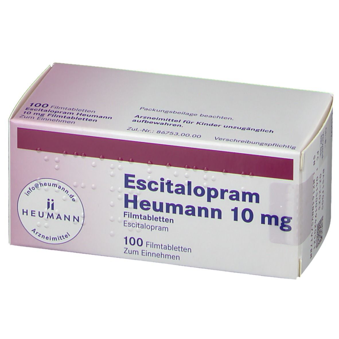 Schachtel Escitalopram Heumann 10 mg Filmtabletten. 100 Tabletten. Lila und weiße Verpackung mit Produktinformationen.