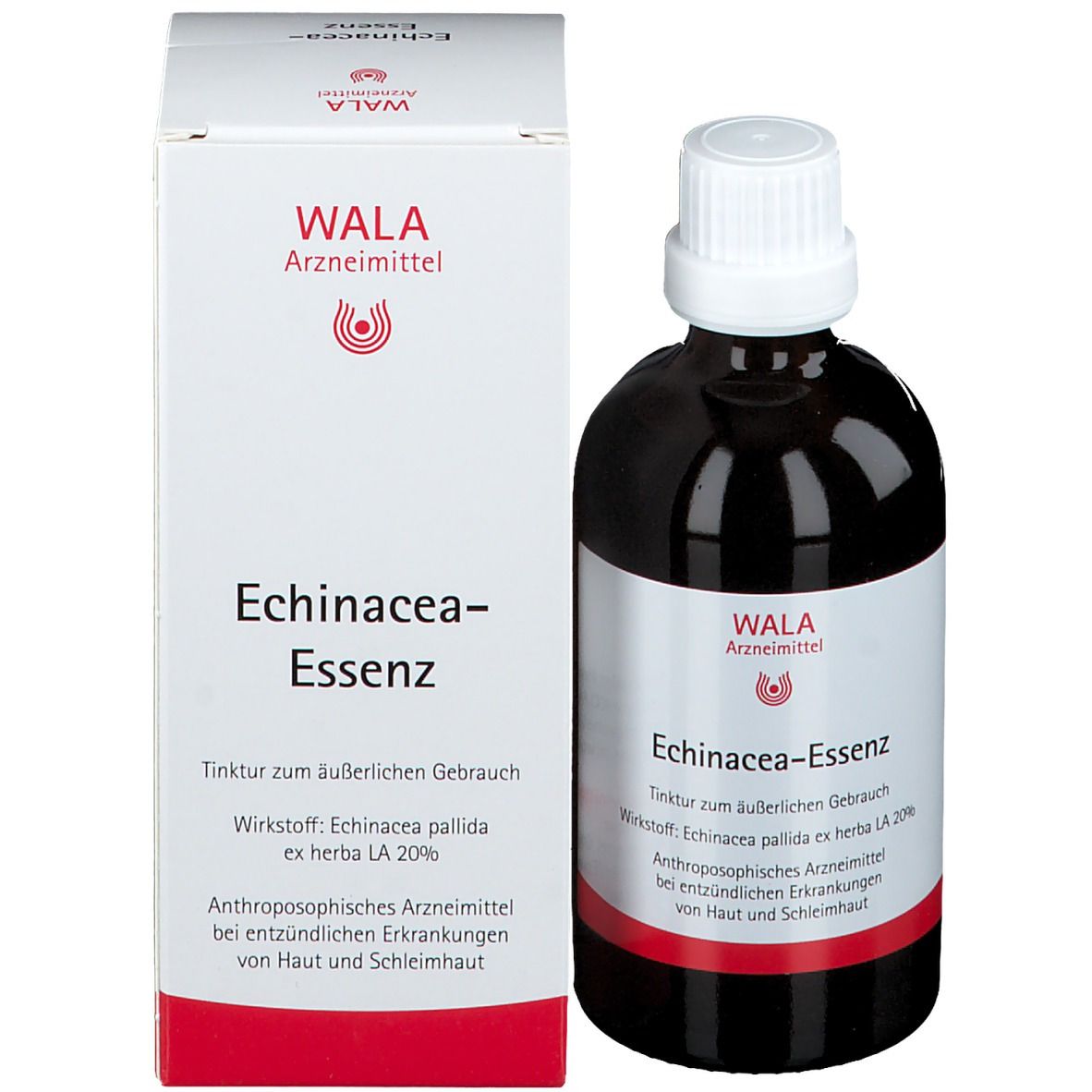 Produktflasche und Verpackung. Weiße Verpackung mit Produktnamen und Marke WALA. Flasche mit rotem Streifen.