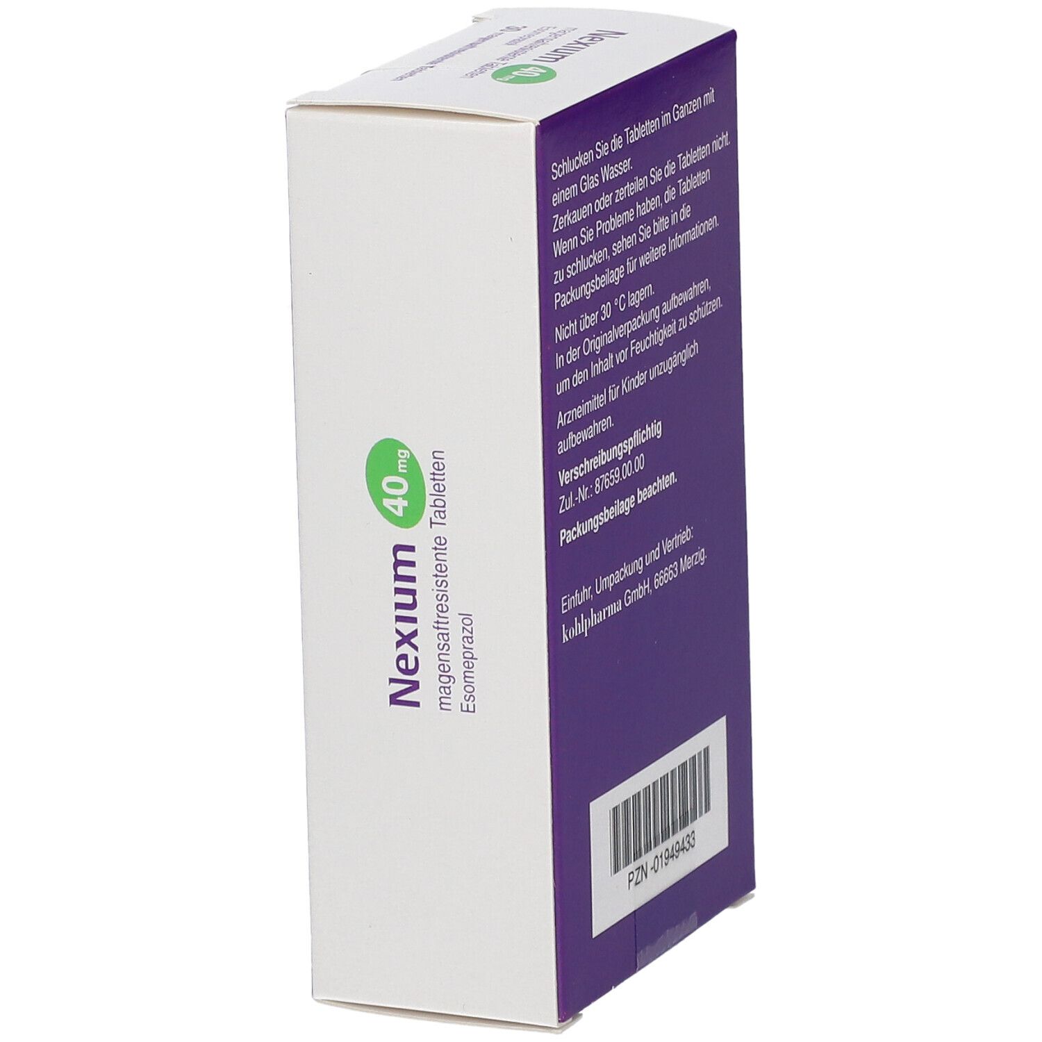 Schachtel Nexium 40 mg, schräge Ansicht. Zeigt die Verpackung mit Produktnamen und Dosierung.
