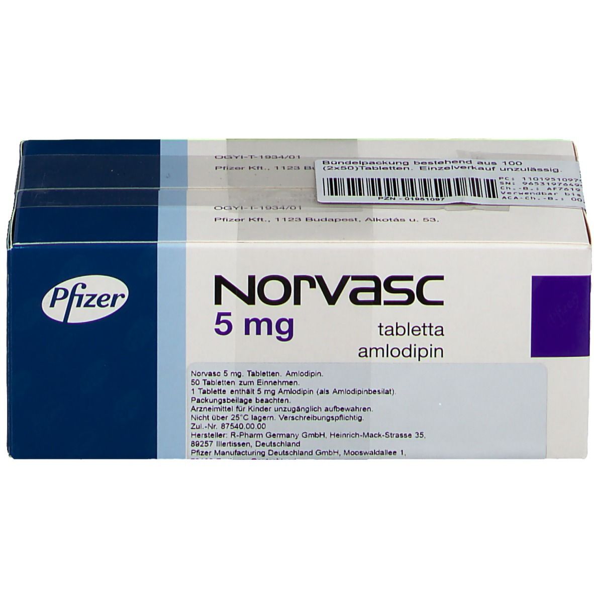 NORVASC 5 mg Packung. Weiß-blaue Schachtel mit Produktnamen und Dosierung. Pfizer-Logo.