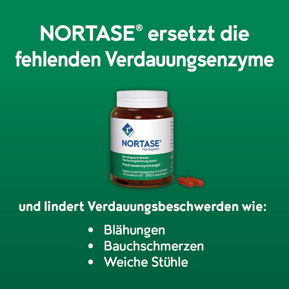 Flasche Nortase Hartkapseln und zwei rote Kapseln. Ersetzt fehlende Verdauungsenzyme.
