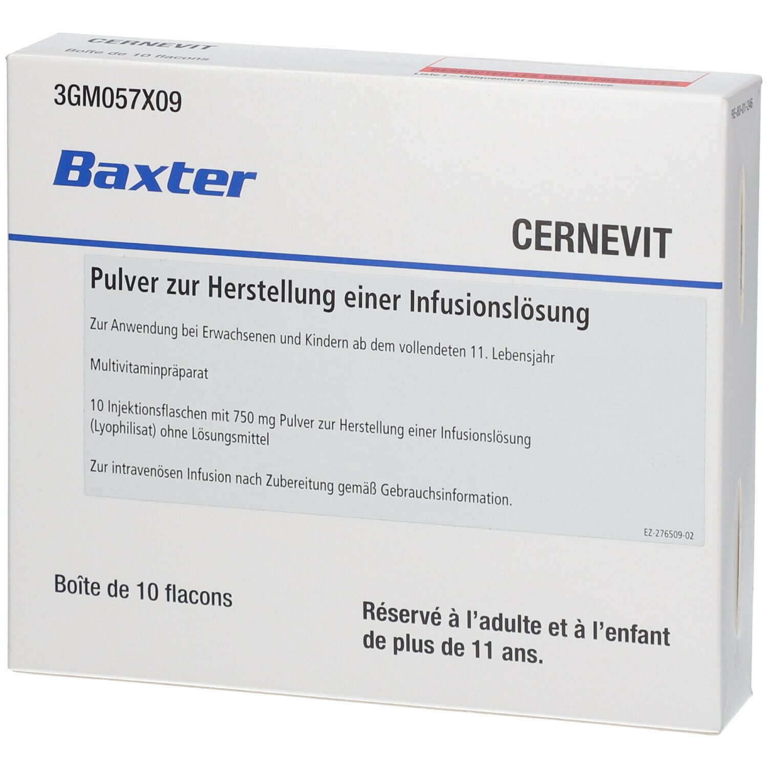 Weiße Kartonverpackung mit CERNEVIT-Aufdruck. Enthält 10 Fläschchen. Text in Deutsch und Französisch. Baxter-Logo.