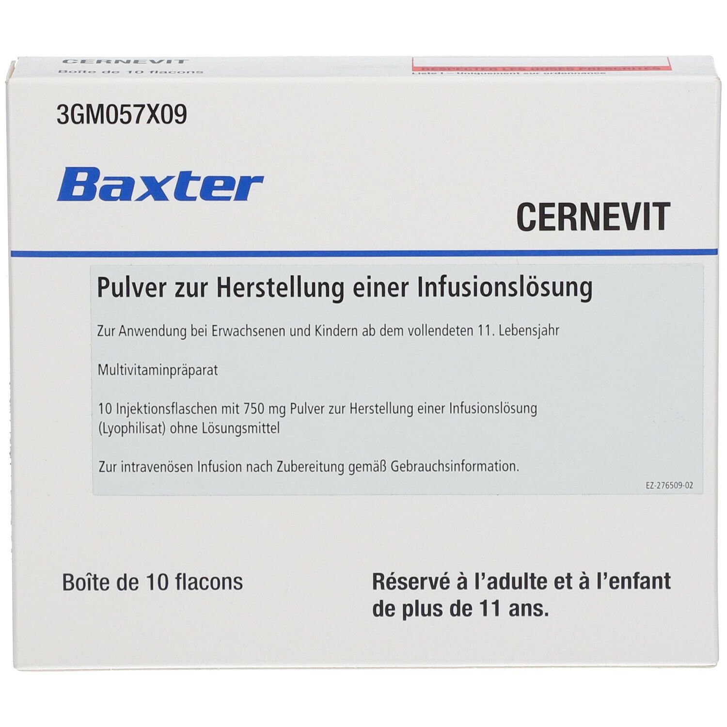 Weiße Kartonverpackung mit CERNEVIT-Aufdruck. Enthält 10 Fläschchen. Text in Deutsch und Französisch. Baxter-Logo.