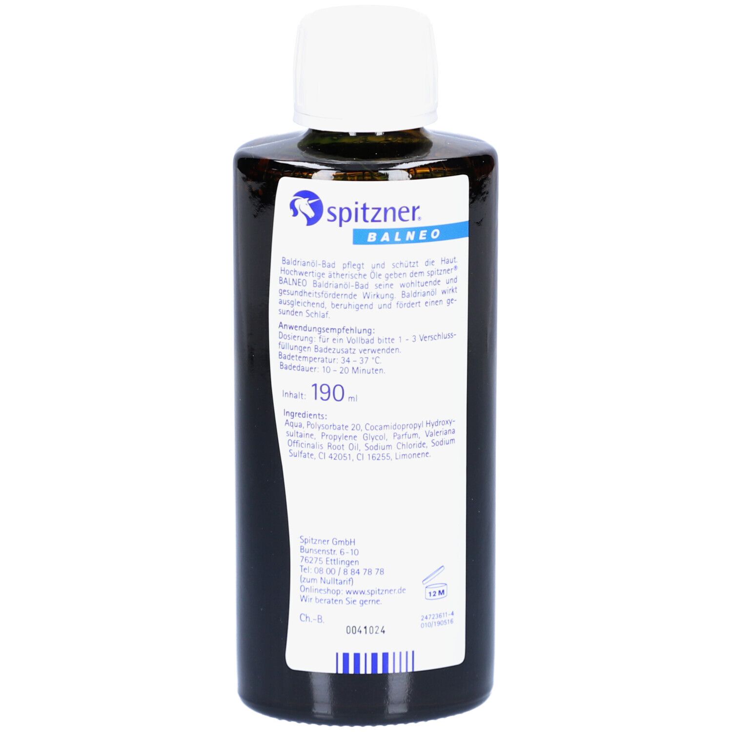 Rückseite der Flasche. Aufkleber mit Produktinformationen, Inhaltsstoffen und Herstellerangaben. Text: Baldrianöl-Bad.