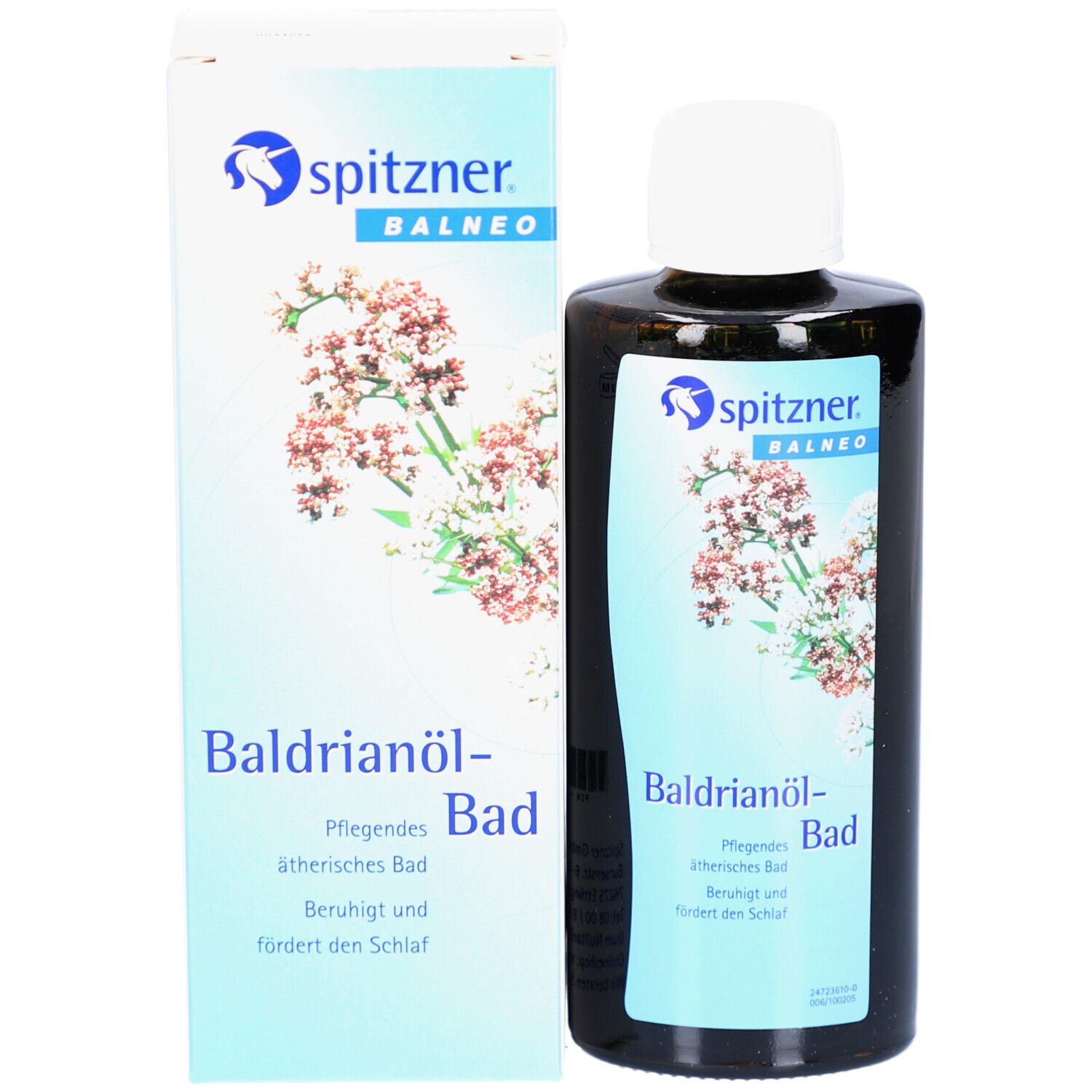 Produktflasche und Verpackung. Flasche mit weißem Deckel, Verpackung mit Produktnamen und Logo. Text: Baldrianöl-Bad.
