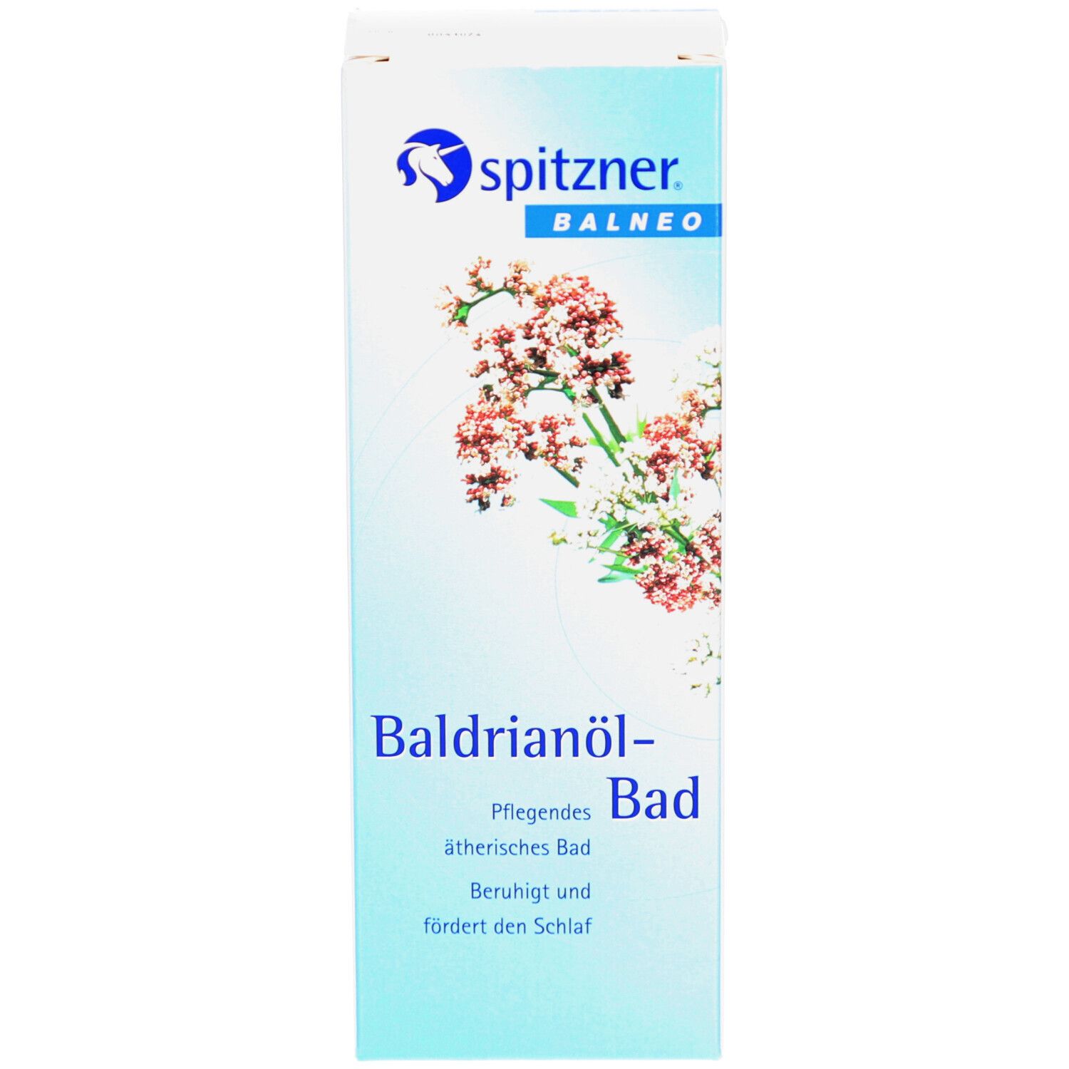Verpackung mit Produktnamen und Logo. Text: Baldrianöl-Bad, beruhigt und fördert den Schlaf. Abbildung von Blüten.