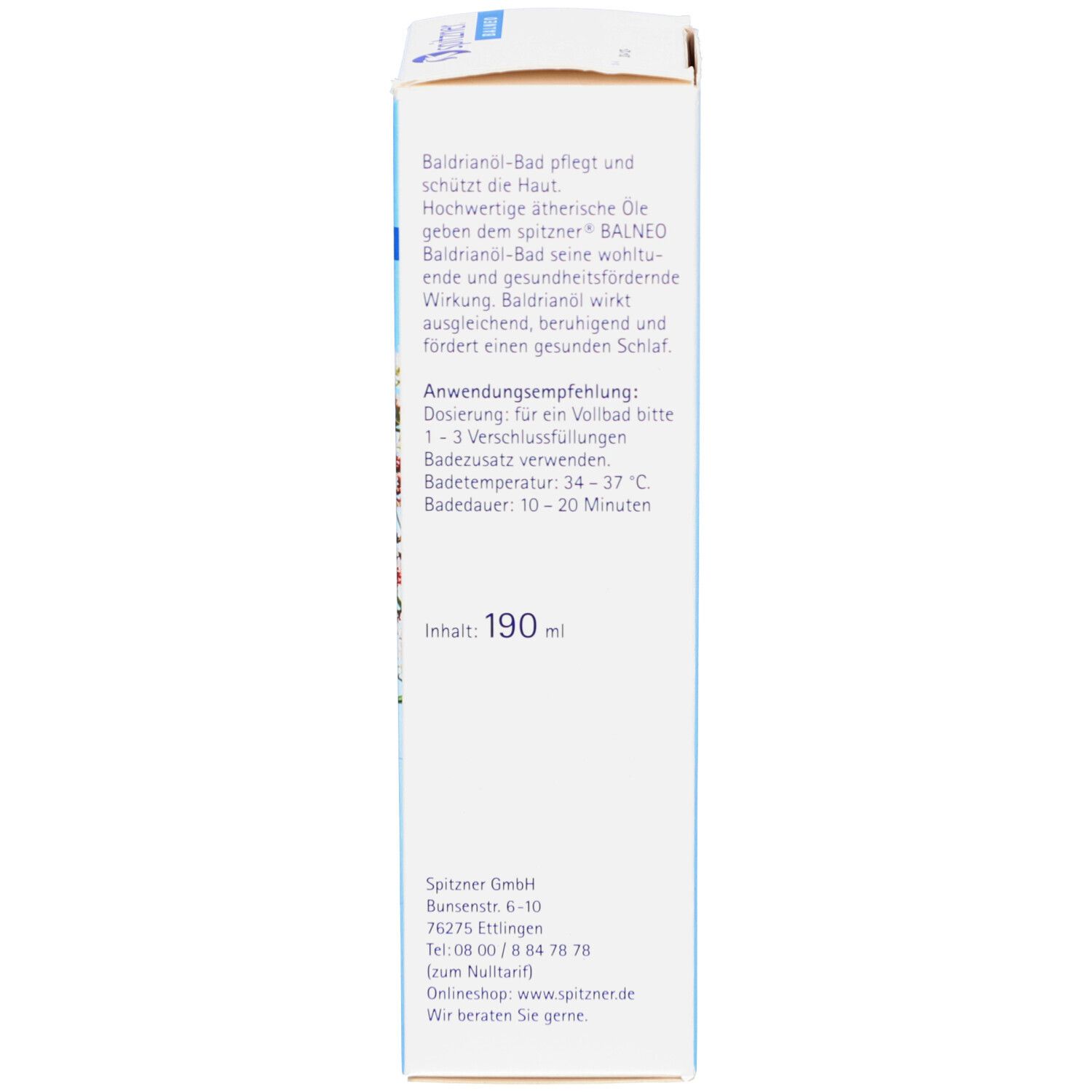 Seitenansicht der Verpackung. Text: Baldrianöl-Bad, Anwendungsempfehlungen, Inhaltsstoffe. Herstellerangaben.
