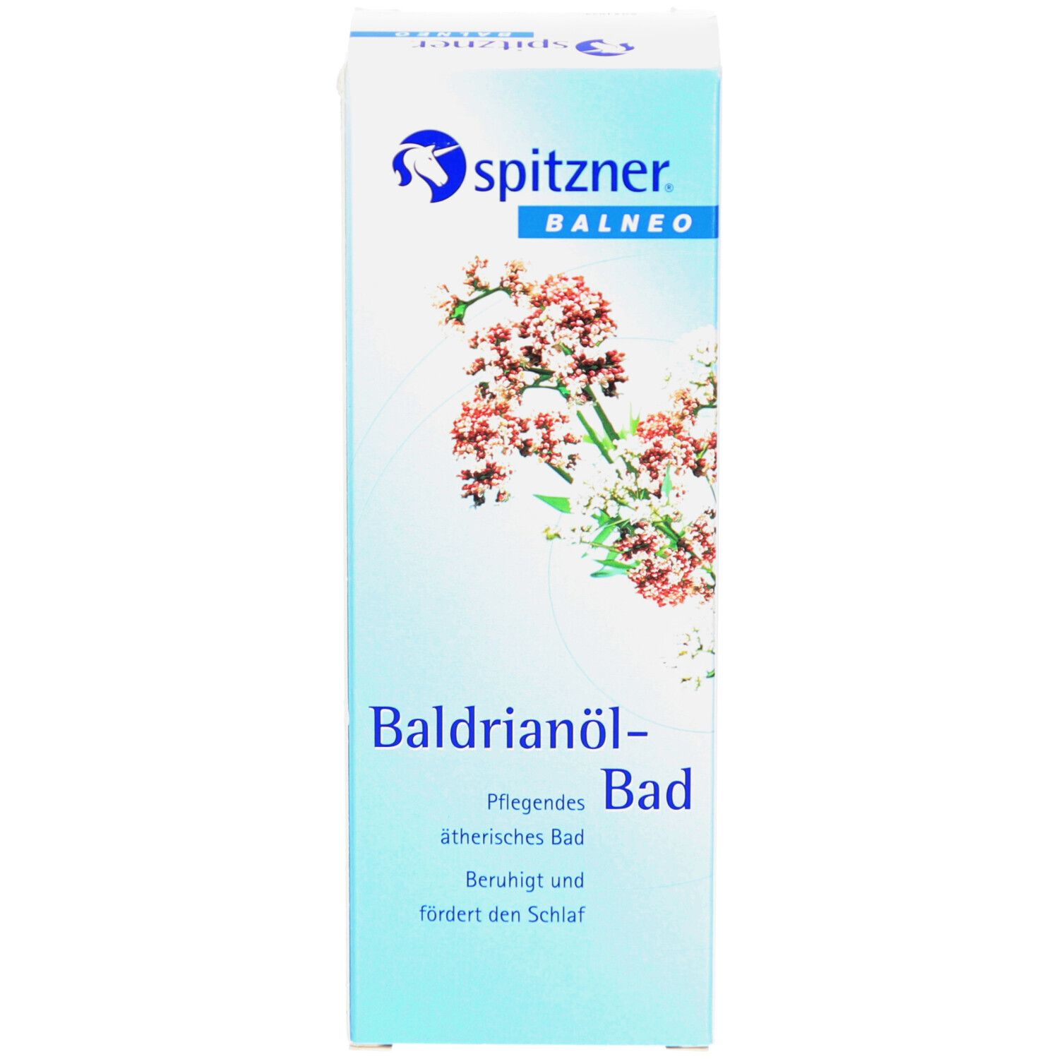 Vorderseite der Verpackung. Text: Baldrianöl-Bad, beruhigt und fördert den Schlaf. Abbildung von Blüten und Logo.