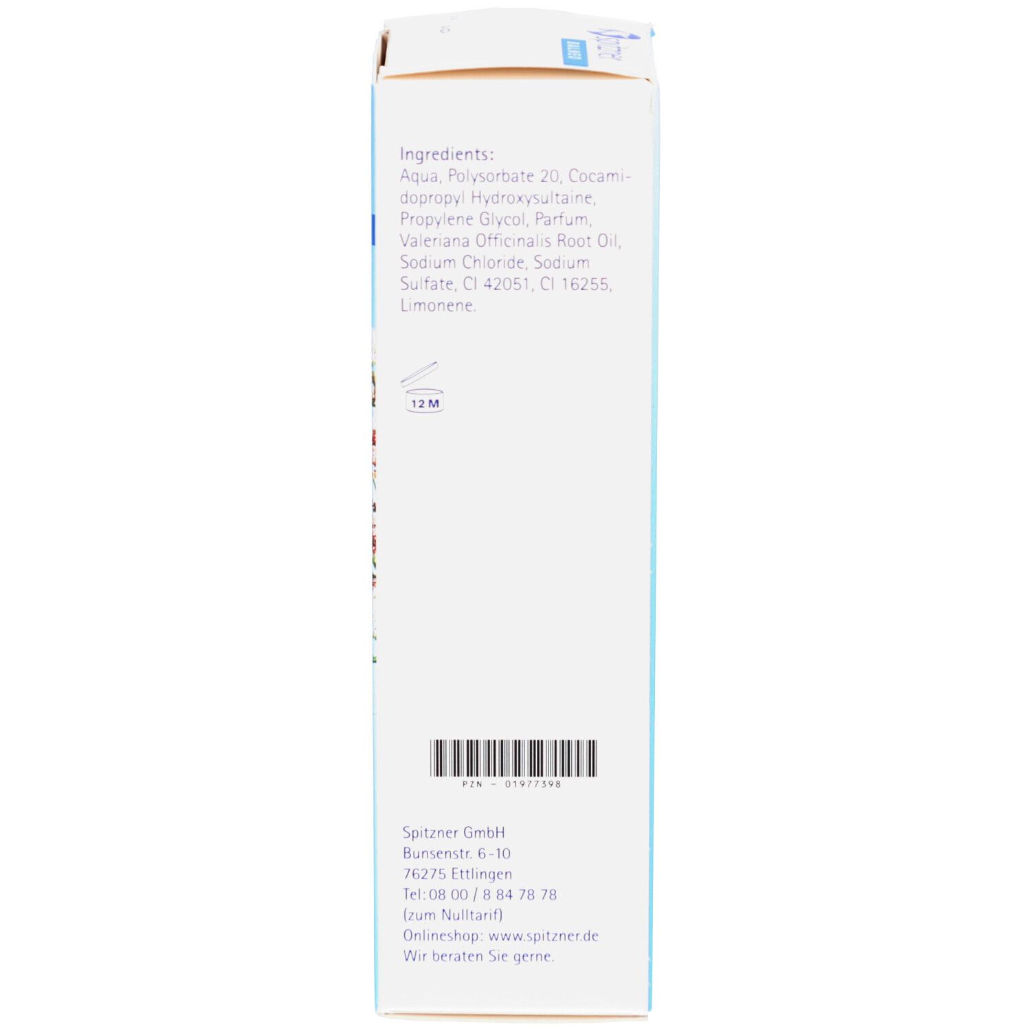 Rückseite der Verpackung. Text: Inhaltsstoffe, Herstellerangaben, Barcode. 12M Symbol.