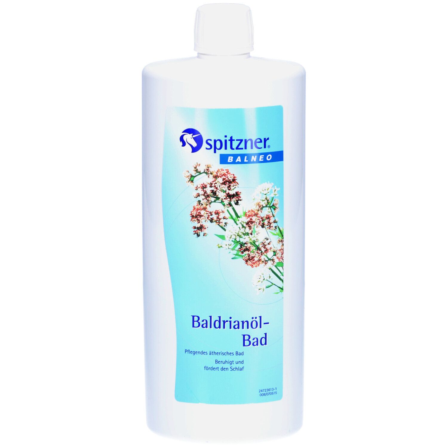 Weiße Flasche mit Spitzner Balneo Baldrianöl-Bad. Etikett mit floralem Motiv und Produktbezeichnung.