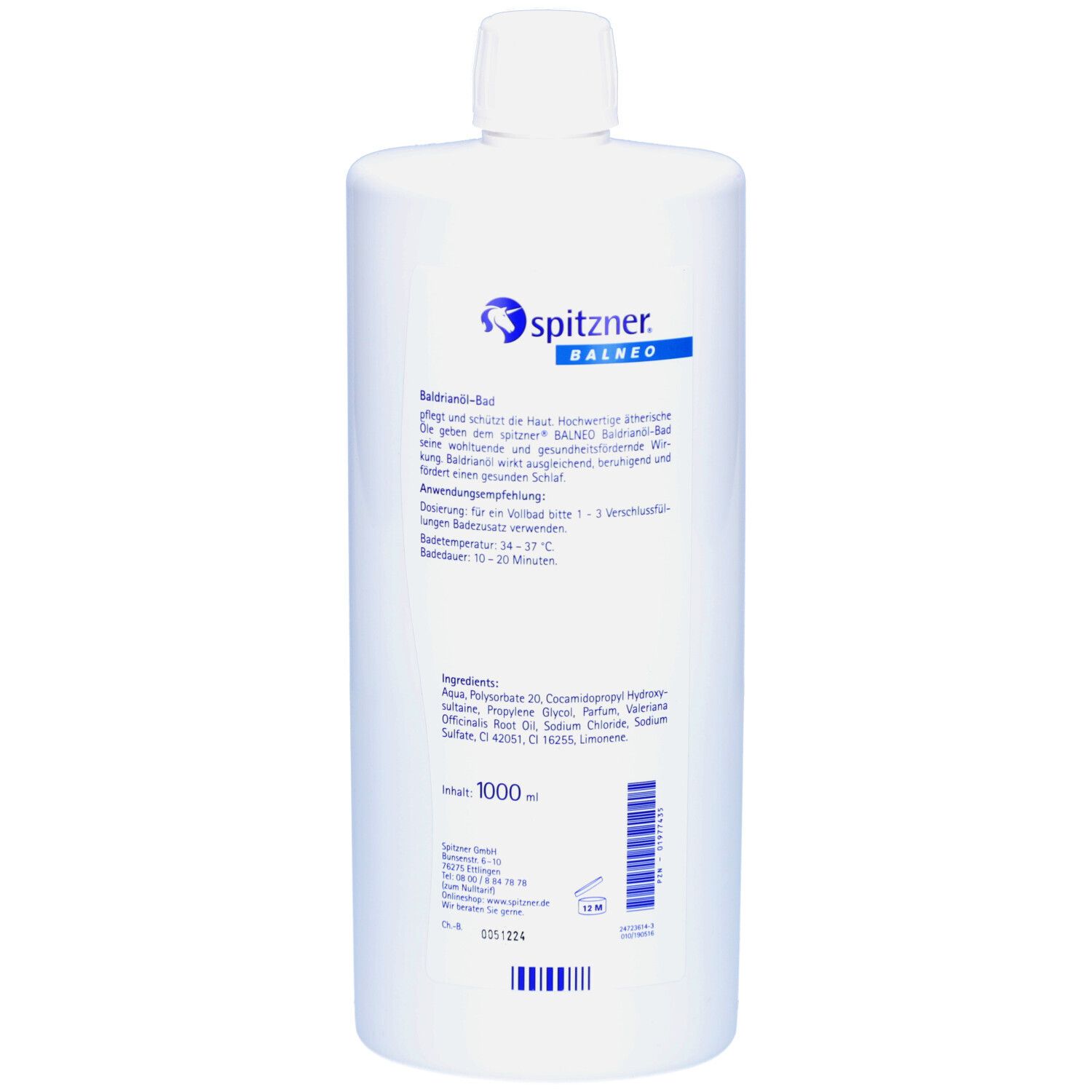 Rückseite der weißen Flasche Spitzner Balneo Baldrianöl-Bad. Text mit Inhaltsstoffen und Anwendungshinweisen.