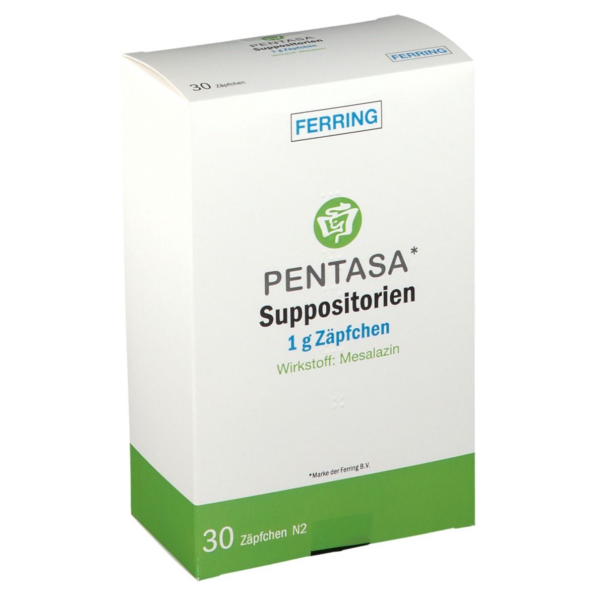 Weiße Schachtel mit grünen Akzenten. Aufschrift: PENTASA Suppositorien, 1 g Zäpfchen, Wirkstoff: Mesalazin. Marke: Ferring. 30 Zäpfchen.