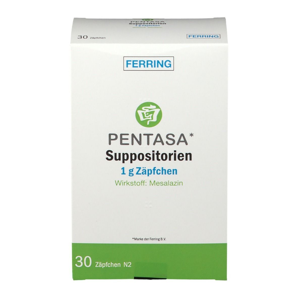 Weiße Schachtel mit grünen Akzenten. Aufschrift: PENTASA Suppositorien, 1 g Zäpfchen, Wirkstoff: Mesalazin. Marke: Ferring. 30 Zäpfchen.