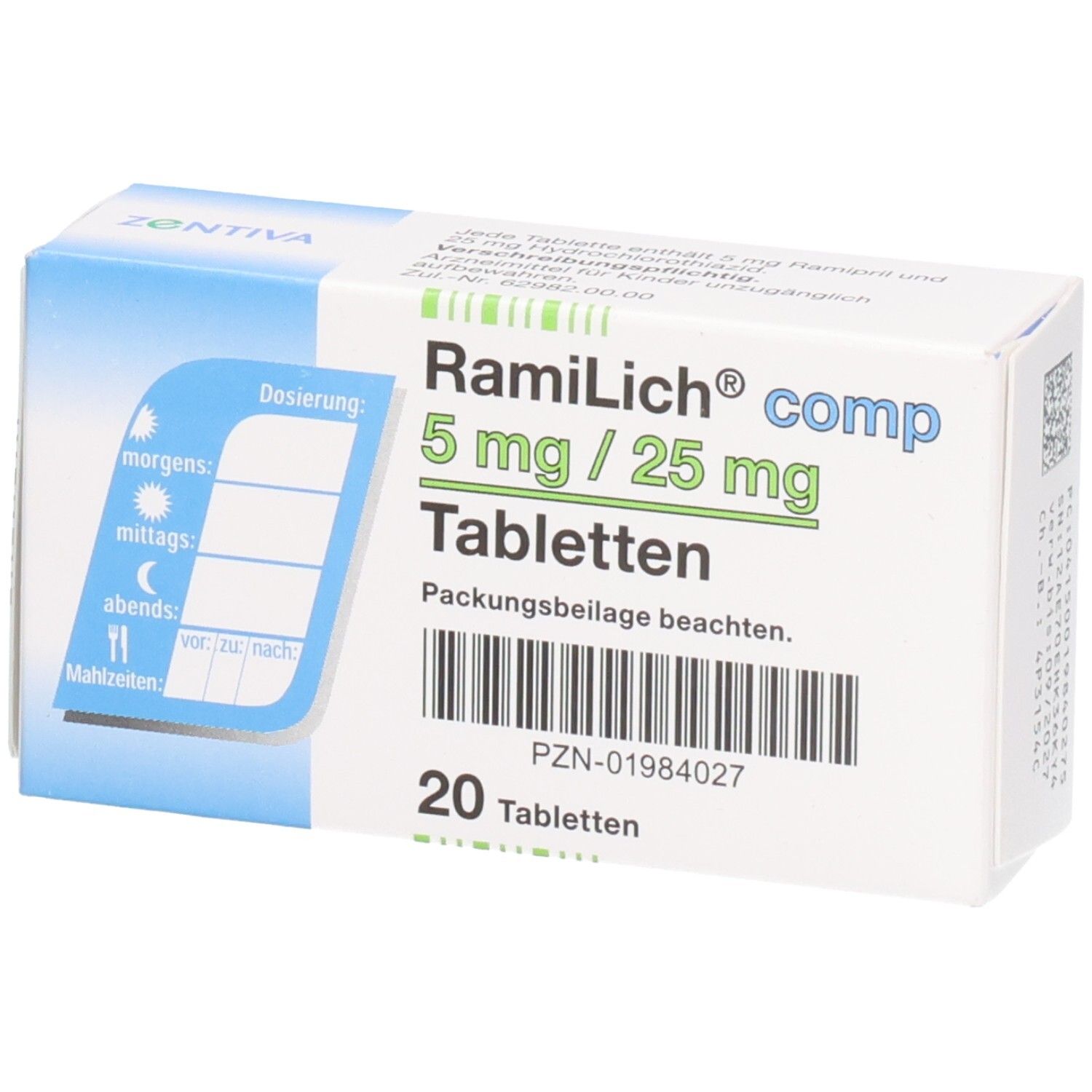 Schachtel mit Ramilich comp. 5 mg/25 mg Tabletten. Enthält 20 Tabletten. Dosierungsanleitung. ZENTIVA-Logo.