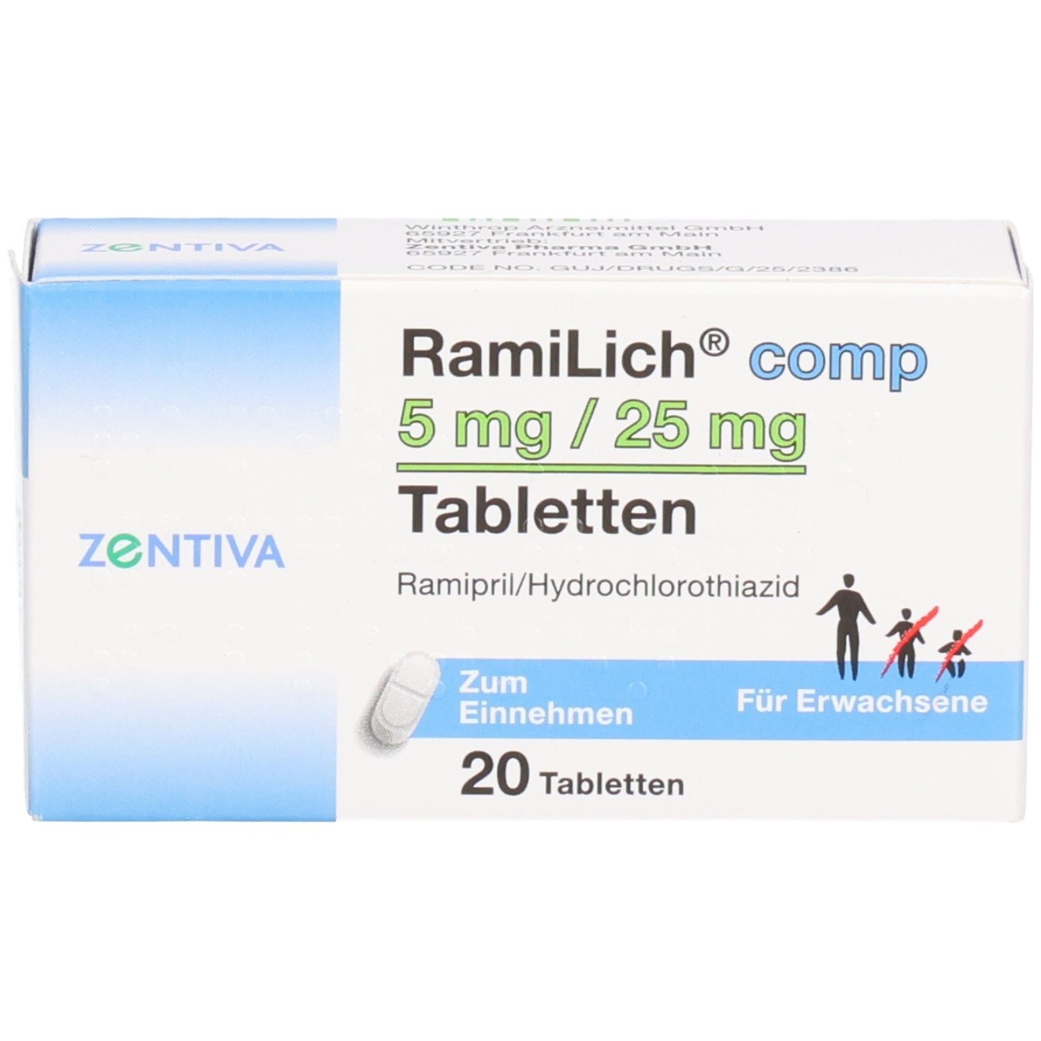 Schachtel mit Ramilich comp. 5 mg/25 mg Tabletten. Enthält 20 Tabletten. Aufschrift: Für Erwachsene. ZENTIVA-Logo.