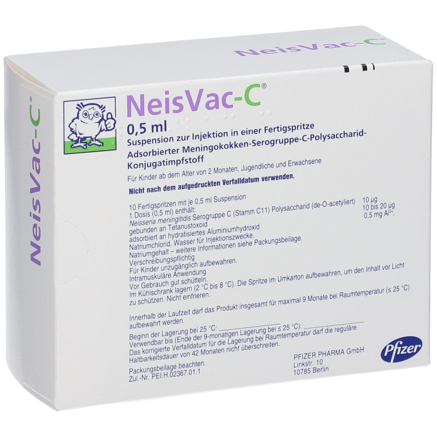 Packung NeisVac-C 0,5 ml Suspension zur Injektion in einer Fertigspritze, mit Informationen und Pfizer-Logo.