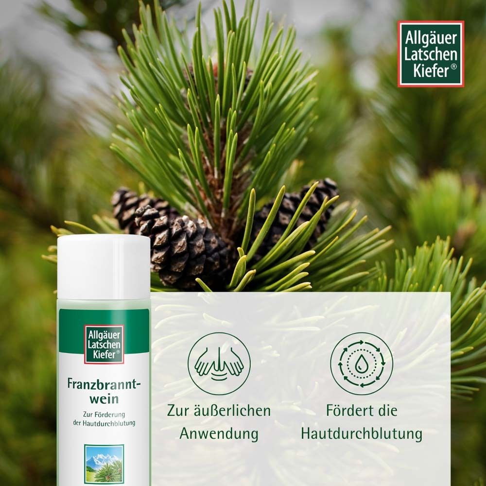Flasche Allgäuer Latschenkiefer Franzbranntwein. Icons: Hände, Hautdurchblutung. Logo in der Ecke.