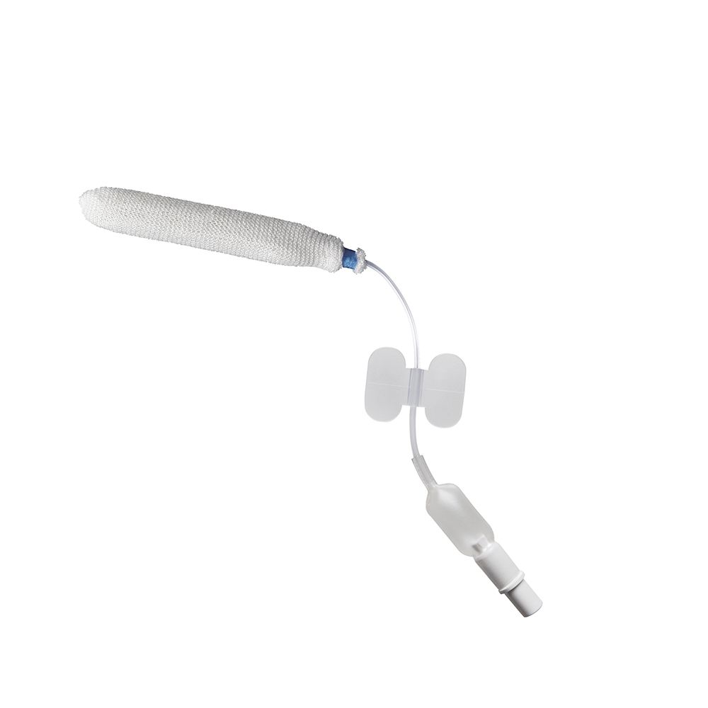Medizinprodukt. Nasentamponade mit weißem, zylindrischem Teil und Verbindungselementen. Blaue und transparente Elemente.