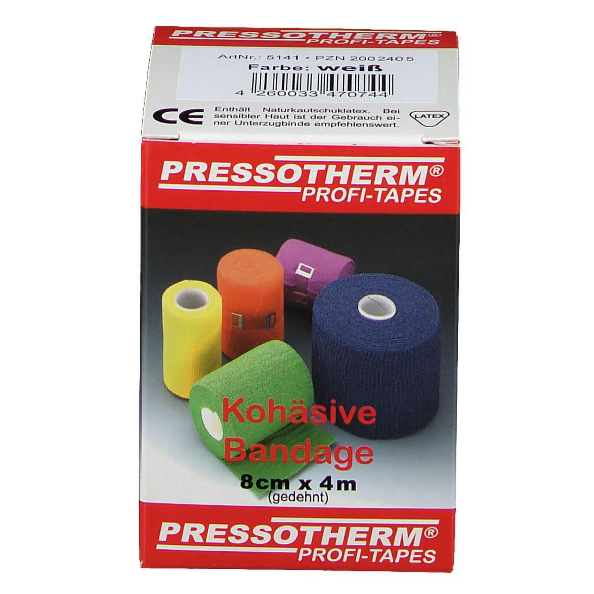 Pressotherm Kohäsive Bandage, 8cm x 4m, weiß. Verpackung mit Produktabbildung und Text. CE-Kennzeichnung.