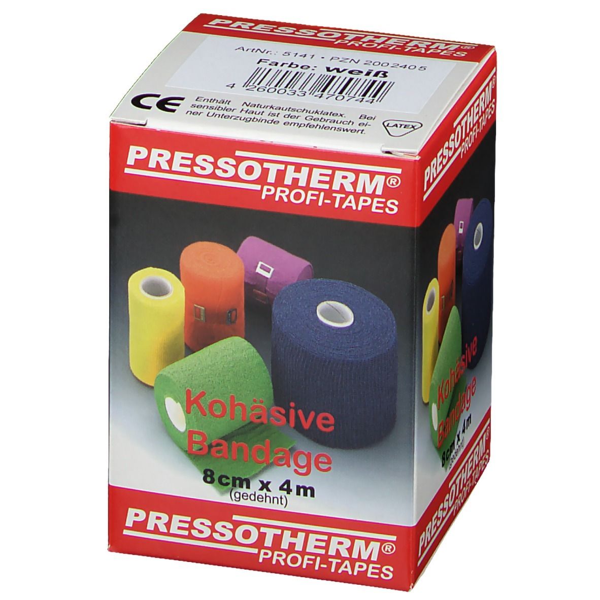 Pressotherm Kohäsive Bandage, 8cm x 4m, weiß. Verpackung mit Produktabbildung und Text. CE-Kennzeichnung.
