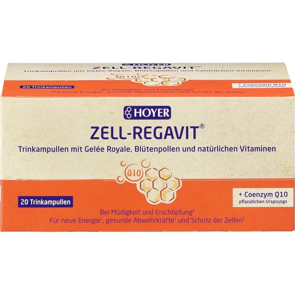 Karton mit HOYER Zell-Regavit. Aufschrift: Trinkampullen mit Gelee Royale, Blütenpollen und natürlichen Vitaminen. 20 Trinkampullen.