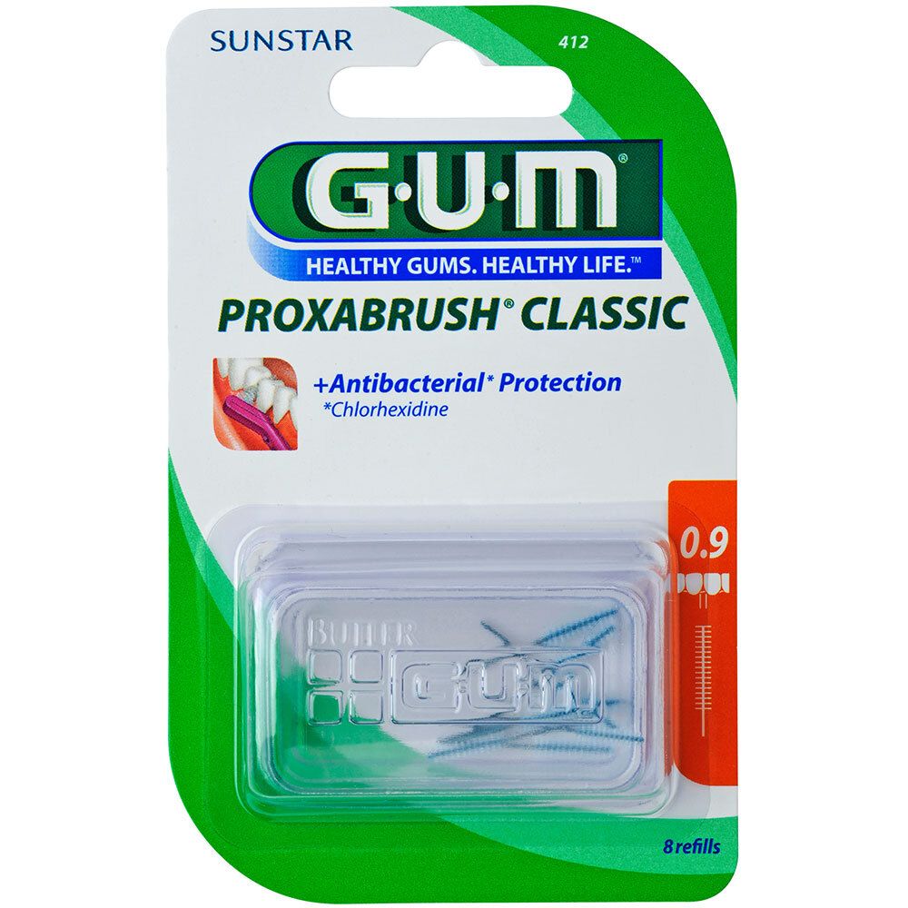 GUM Proxabrush Ersatzbürsten, 0,9 mm, in Blisterverpackung. Antibakterieller Schutz. 8 Nachfüllungen. Grün-weiße Verpackung.