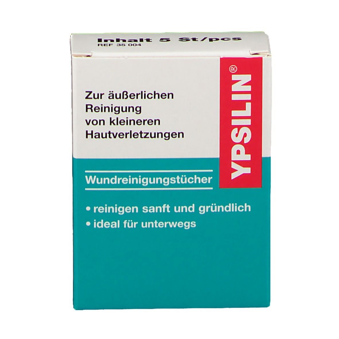 Karton mit YPSILIN® Wundreinigungstuecher. Enthält 5 Stück. Text: Zur äußerlichen Reinigung von kleineren Hautverletzungen.
