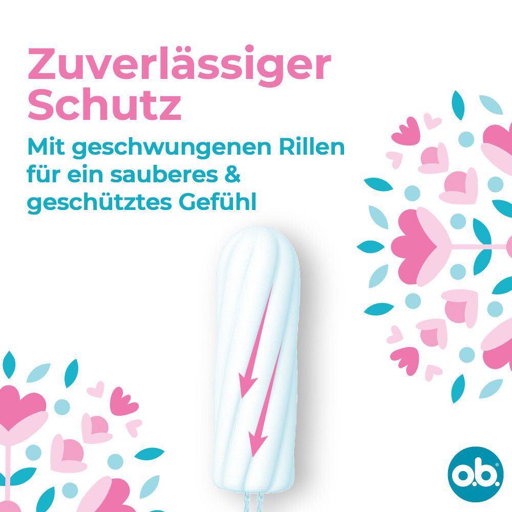 Tampon o.b.® Original. Geschwungene Rillen für sauberes Gefühl. Abbildung der Anwendung. Rosa Pfeile. Floral-Dekor.
