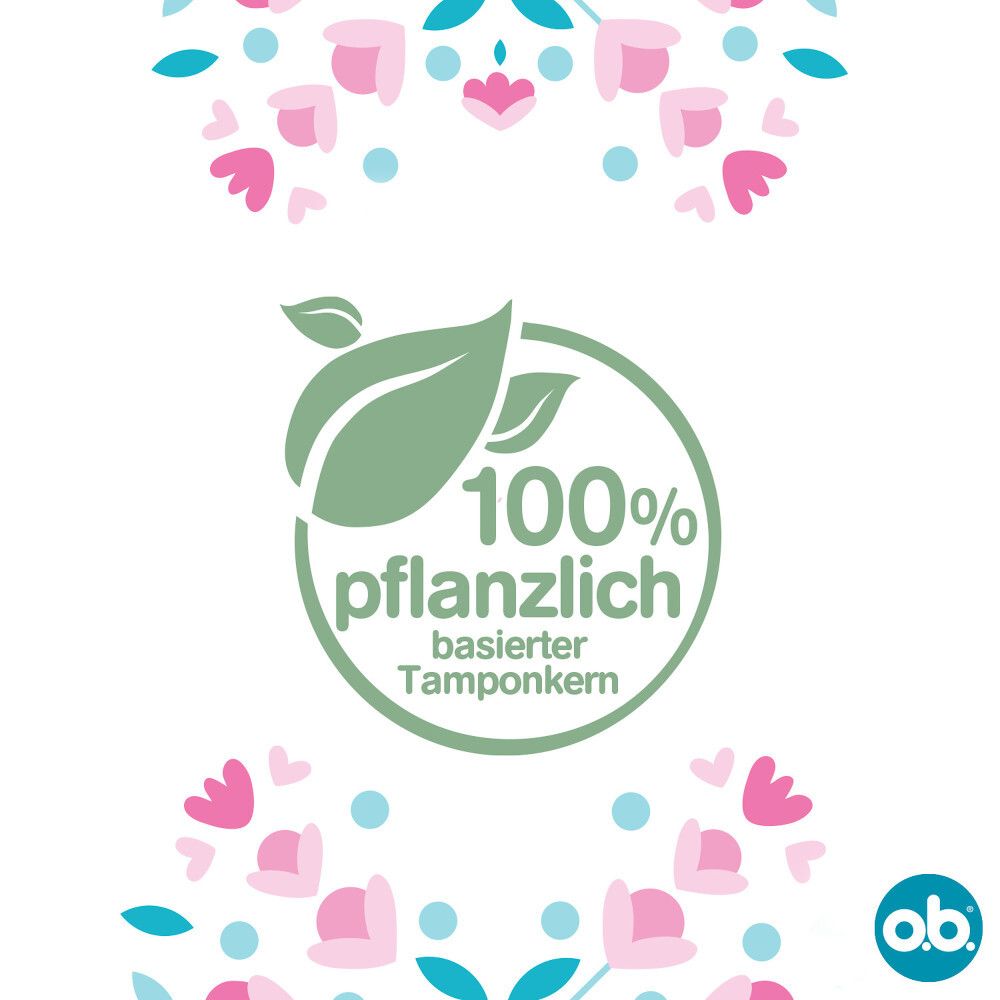 Logo: 100% pflanzlicher Tamponkern. Grünes Logo mit Blättern. Floral-Dekor. o.b.® Logo.
