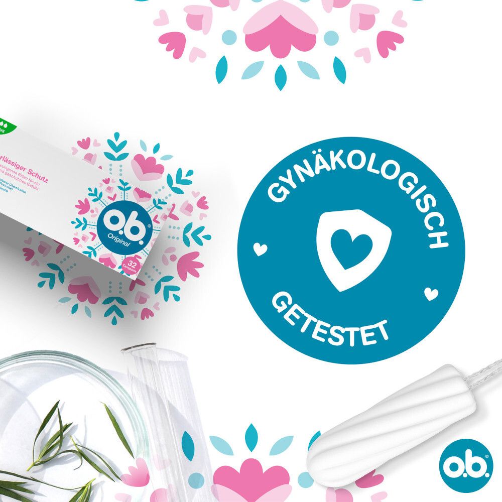 Packung o.b.® Original. Gynäkologisch getestet. Herz-Symbol. Tampon. Floral-Dekor. o.b.® Logo.