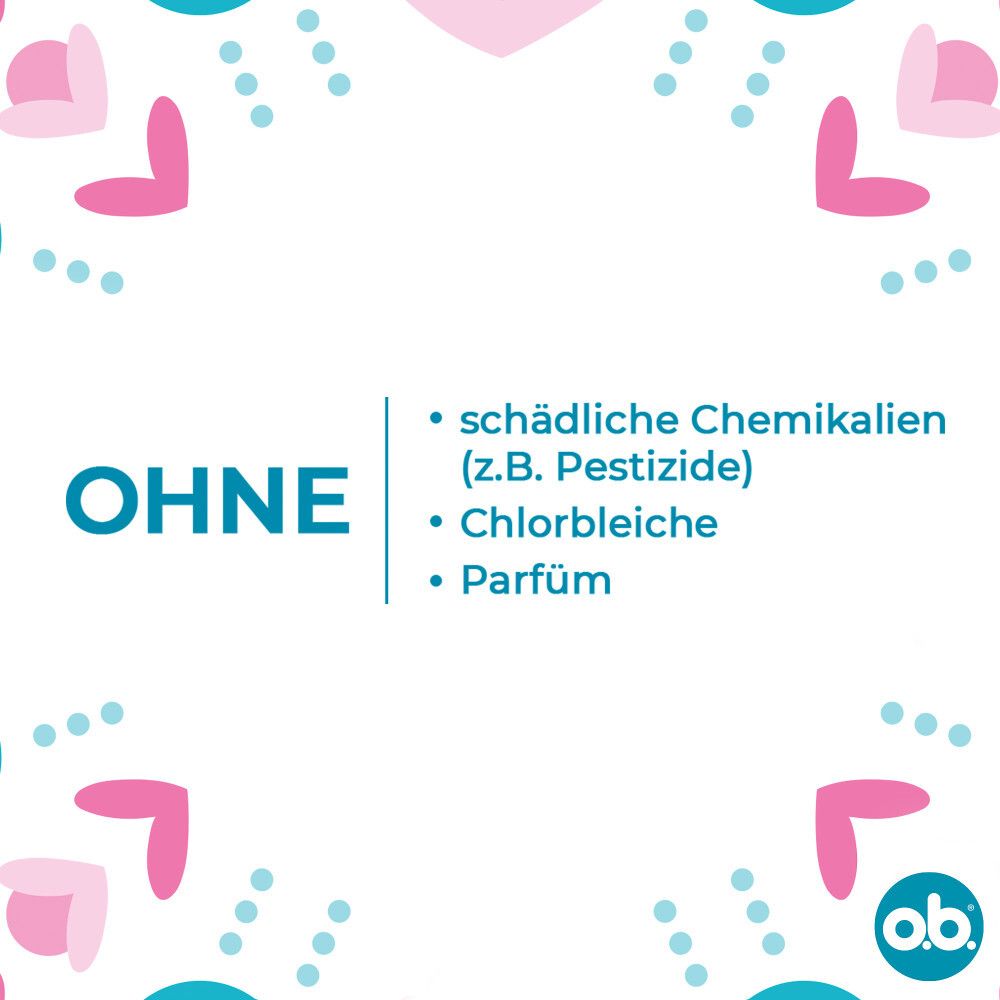 Text: Ohne schädliche Chemikalien, Chlorbleiche, Parfüm. Floral-Dekor. o.b.® Logo.