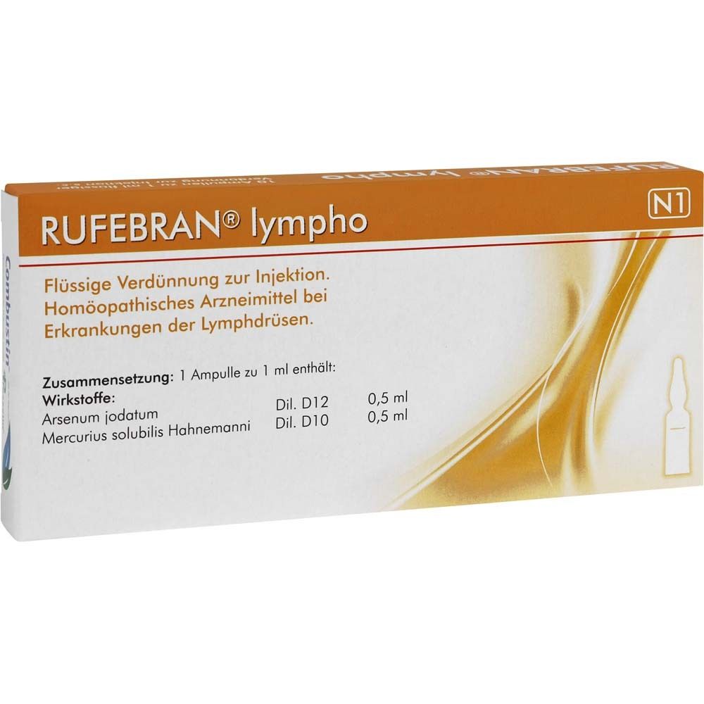 Schachtel mit RUFEBRAN® lympho. Orangefarbener Streifen mit Produktnamen. Ampulle abgebildet. Text: Flüssige Verdünnung zur Injektion.