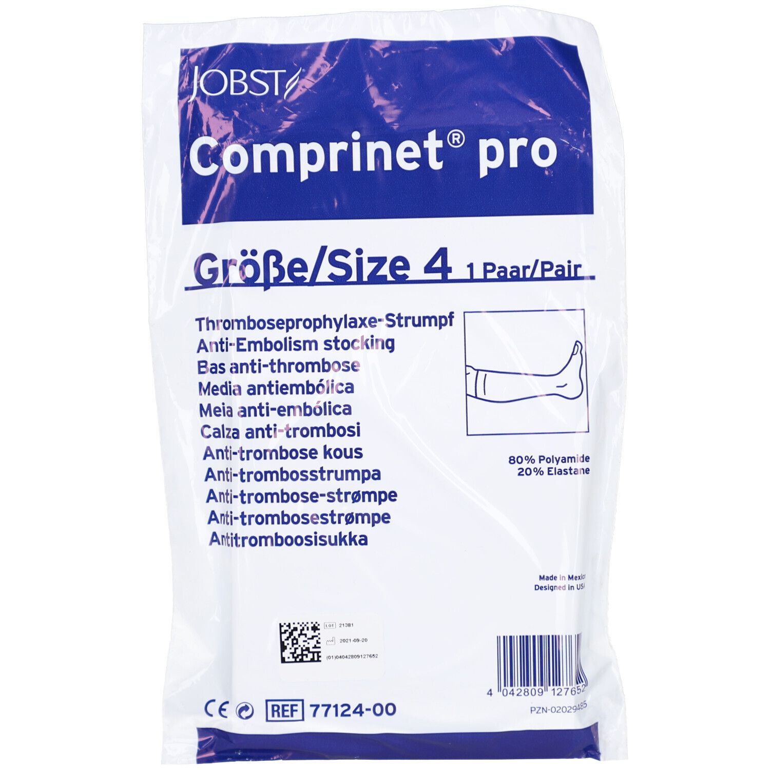 Verpackung mit Kompressionsstrümpfen. Produktname: Comprinet pro. Größe 4. Enthält ein Paar. Text: Anti-Embolie-Strumpf. Material: 80% Polyamid, 20% Elasthan.